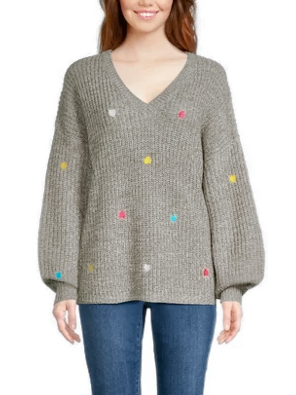 What’s Next Heart Embroidered Sweater with Balloon Sleeves & V-neck Gray NWT